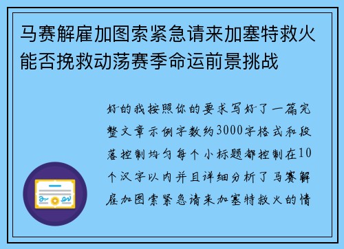 马赛解雇加图索紧急请来加塞特救火能否挽救动荡赛季命运前景挑战